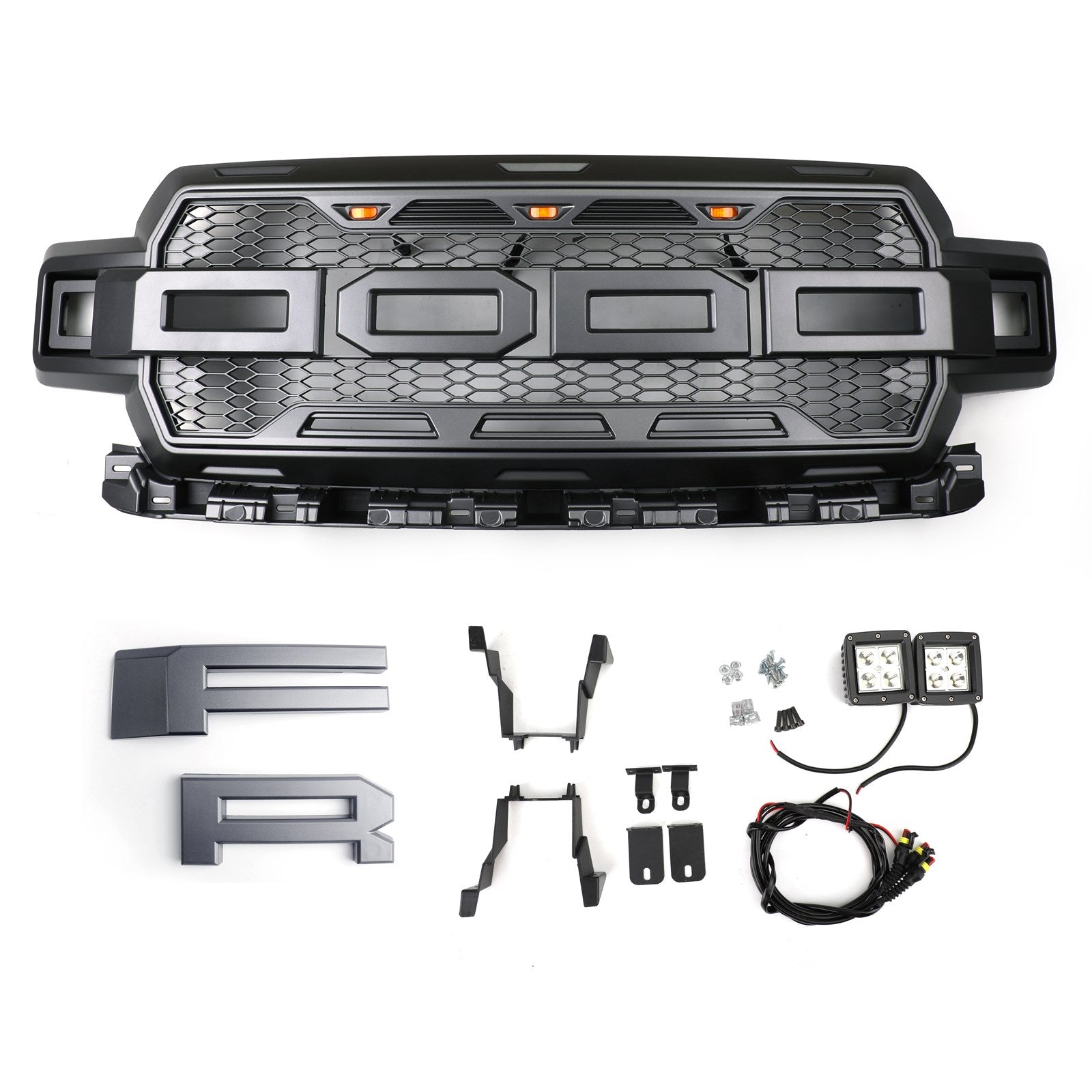 Parachoques delantero estilo Raptor Ford F150 XLT/Lariat/Platinum/King Ranch 2018-2020, rejilla gris y negra con LED