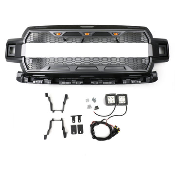 Raptor Grille For Ford F150 2018-2020 Front Bumper Replacement Black Grille W/ LED & FORD Letter