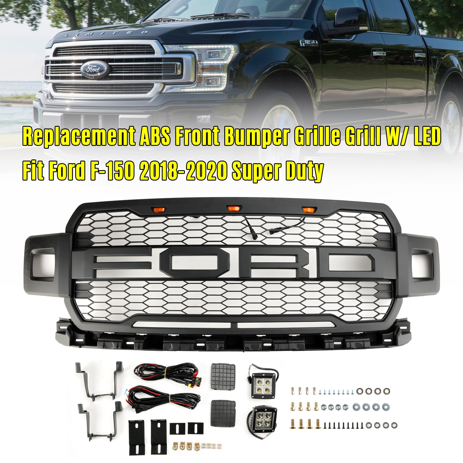 Grille de pare-chocs avant de remplacement de style Ford F-150 Raptor 2018-2020 Grille noire avec LED