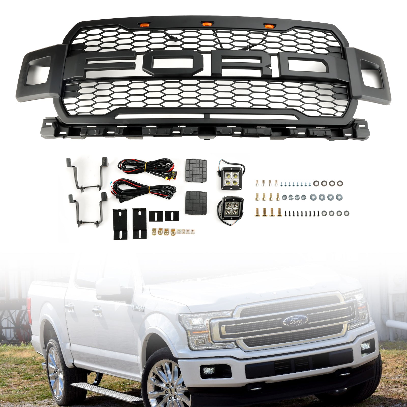 Raptor Style | Ford F 150 | Matt Black Front Grille | 2018-2020 | Air Intake Radiator Bumper Honeycomb Grill + LED light