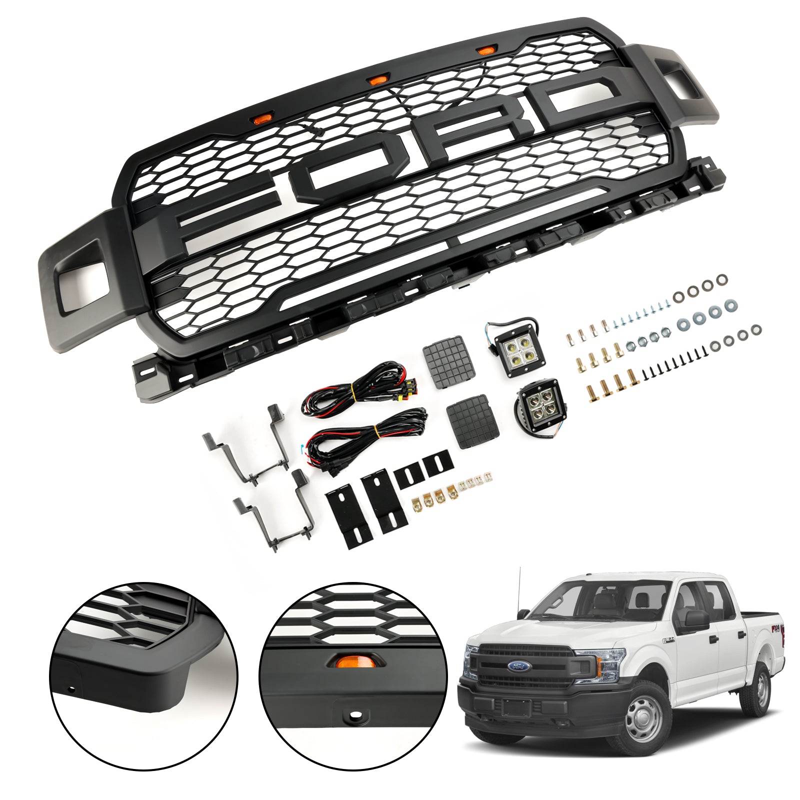 Raptor Style | Ford F 150 | Matt Black Front Grille | 2018-2020 | Air Intake Radiator Bumper Honeycomb Grill + LED light