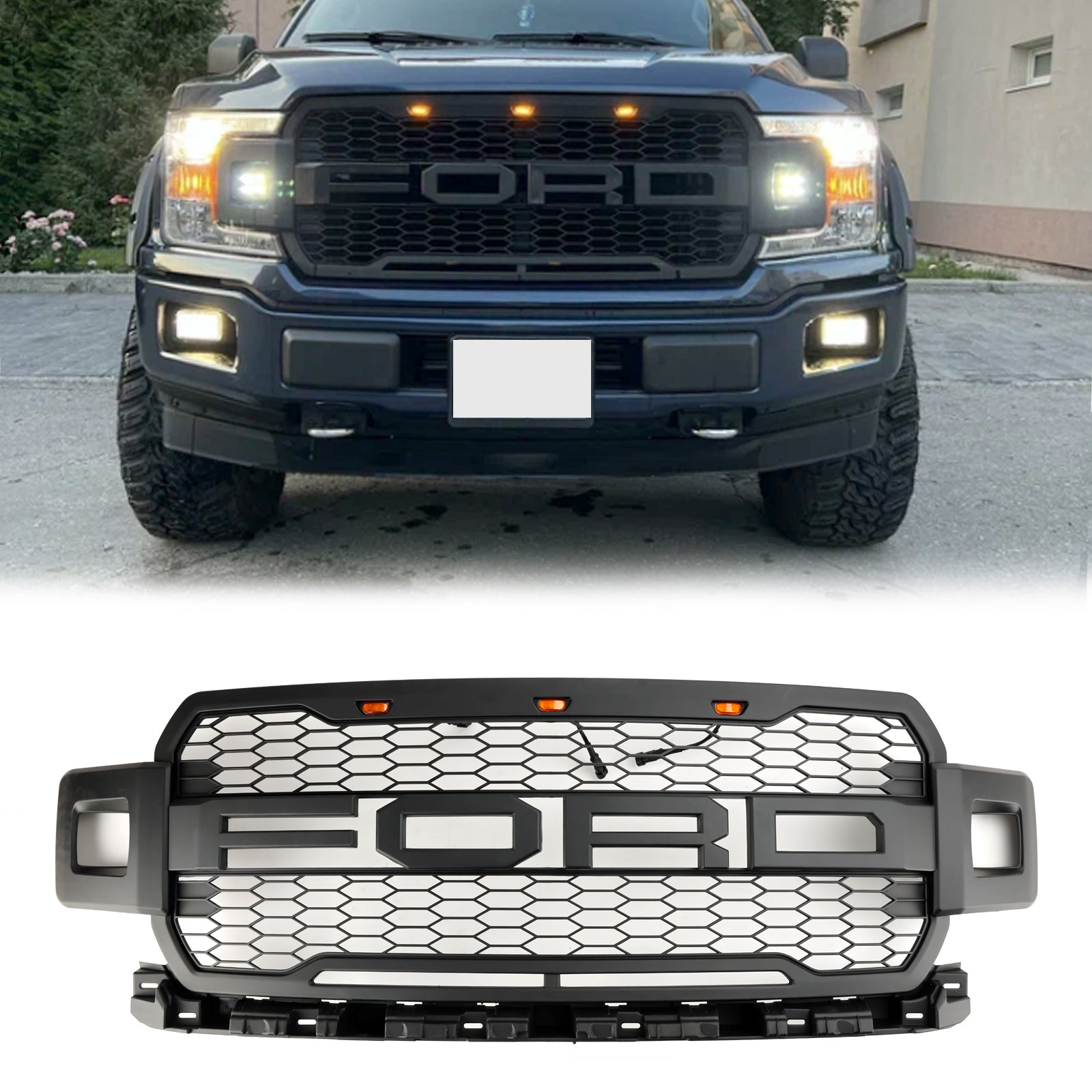 Ford F-150 2018 2019 2020 Raptor Style Grille With LED Lights Front Bumper Replacement Matte Black Grille