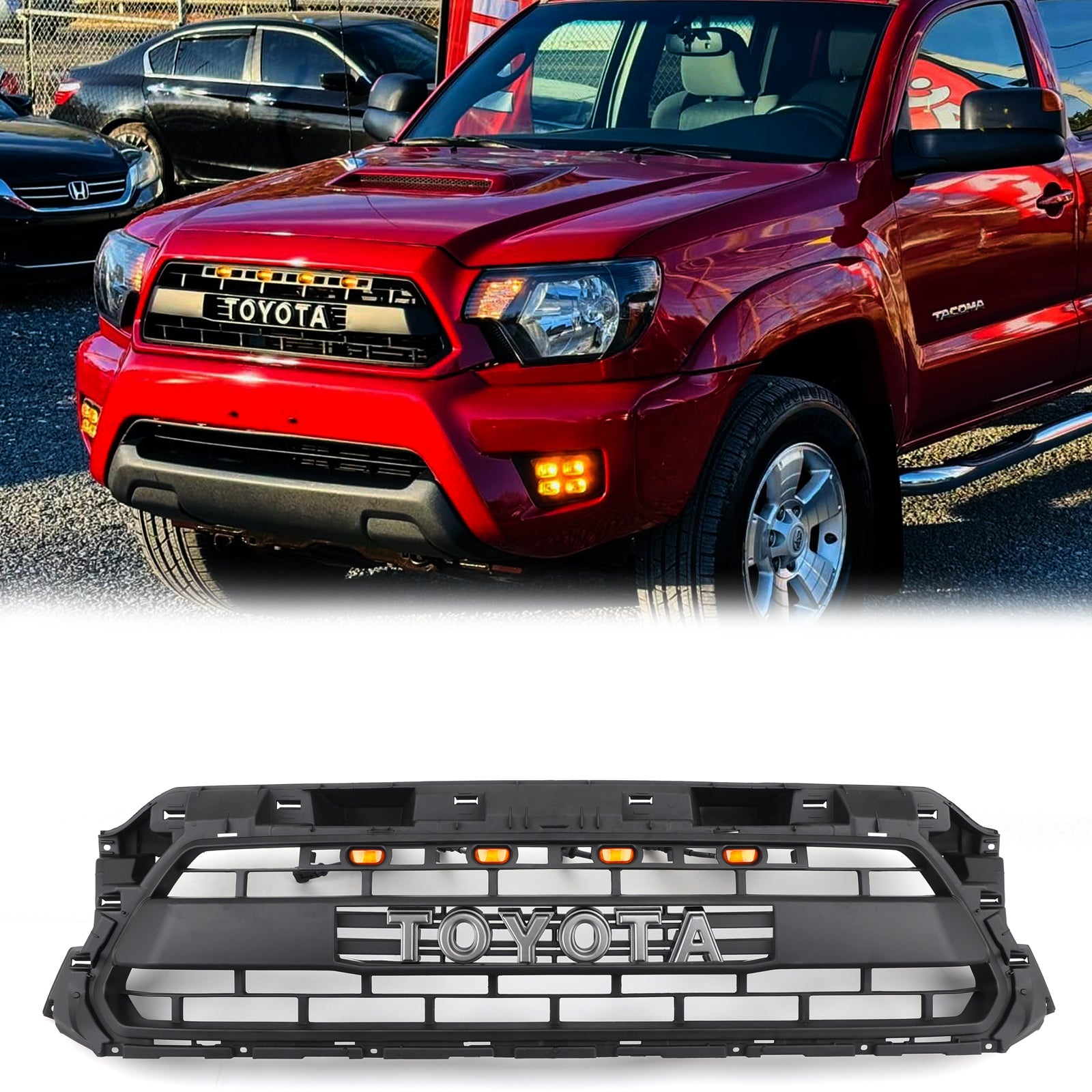 2012-2015 | Toyota Tacoma | Grill de style trd pro | Noir mat | Palette noire de pare-chocs supérieur avec LED et lettre