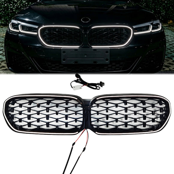 2020-2023 BMW Serie 5 G30 G31 LCI Parrilla LED frontal de diamante negro Parrilla de repuesto para parachoques superior