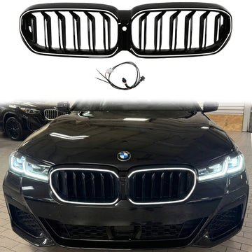 2021-2024 BMW Série 5 G30 G38 Double Latte Calandre Pare-chocs Avant Remplacement Noir Brillant Gril Avec Bande LED - 0
