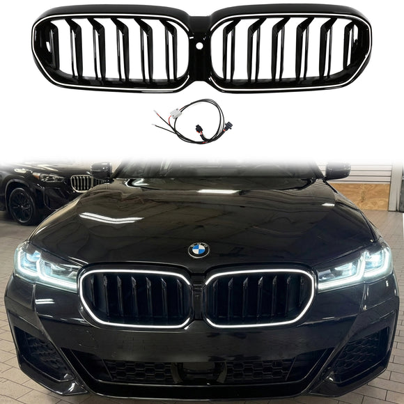 2021-2024 BMW 5-sarjan G30 G38 kaksoislamelli munuaissäleikkö etupuskurin vaihto kiiltävä musta säleikkö LED-nauhalla