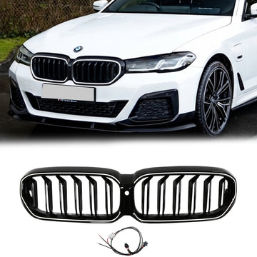 2021-2024 BMW Série 5 G30 G38 Double Latte Calandre Pare-chocs Avant Remplacement Noir Brillant Gril Avec Bande LED