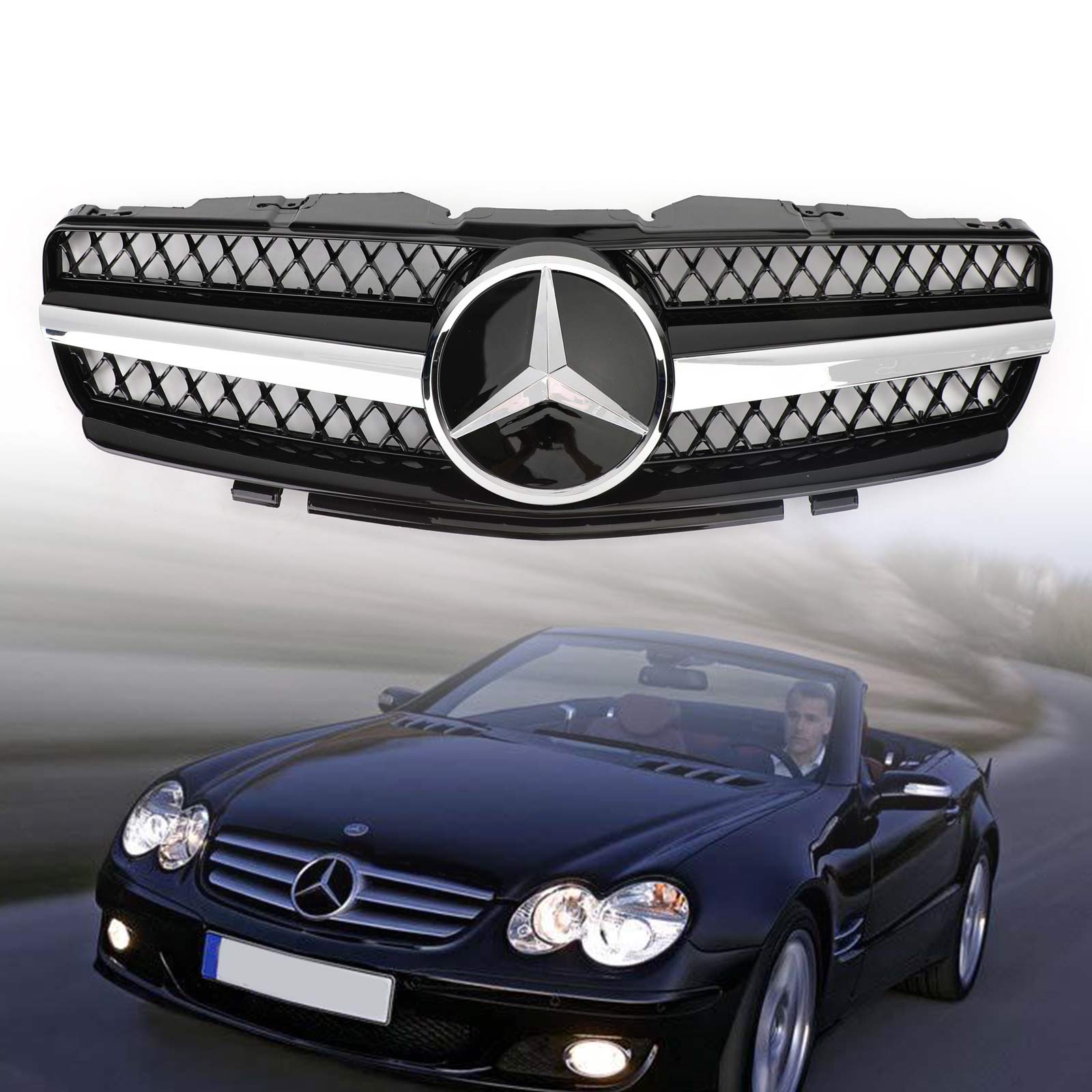 Mercedes Benz 2002-2006 R230 SL Clase SL350/500/600/SL55/65 1 Parrilla Star AMG negra cromada