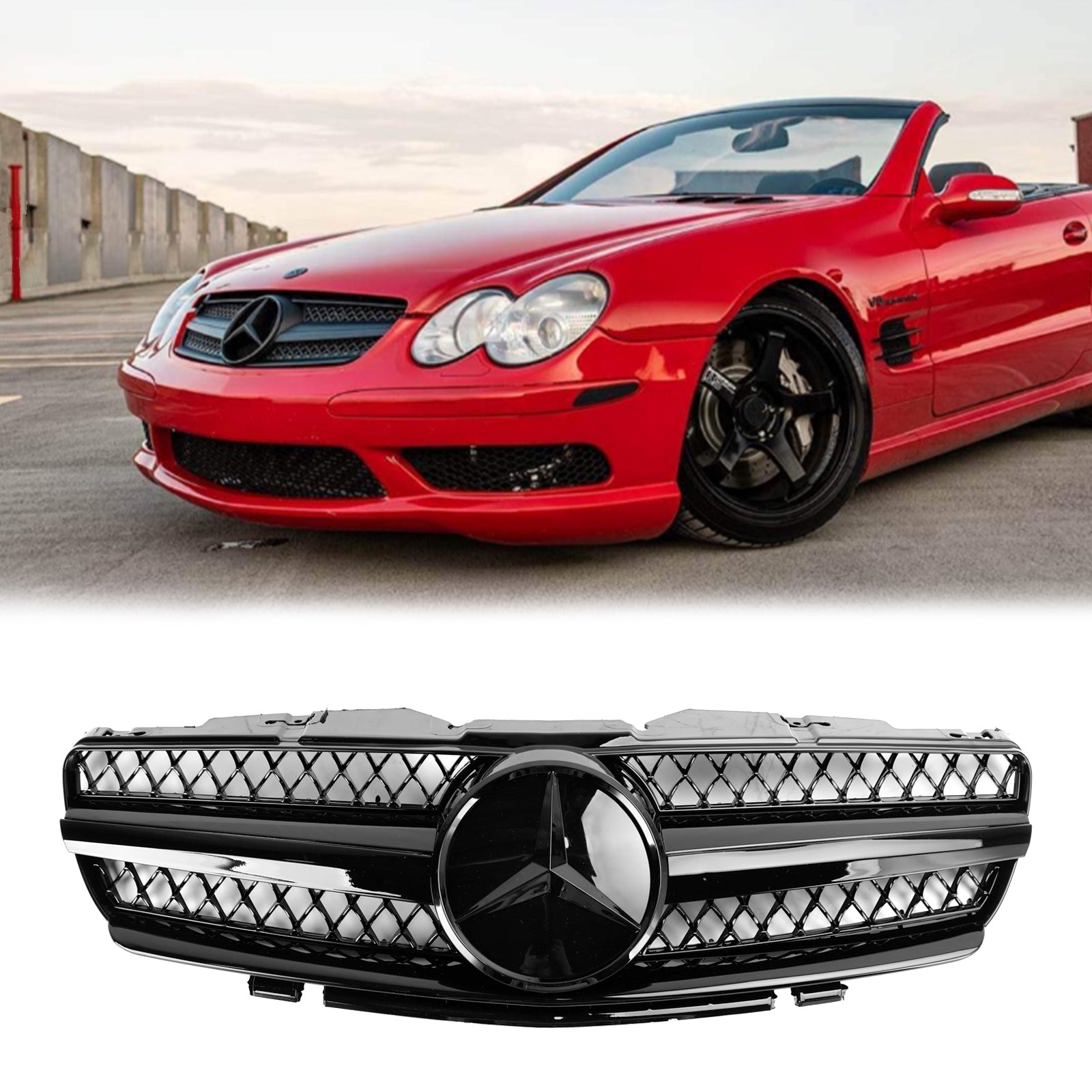 Mercedes Benz 2002-2006 R230 SL Class SL350/500/600/SL55/65 1 Fin Star AMG Grill black Chrome Grille