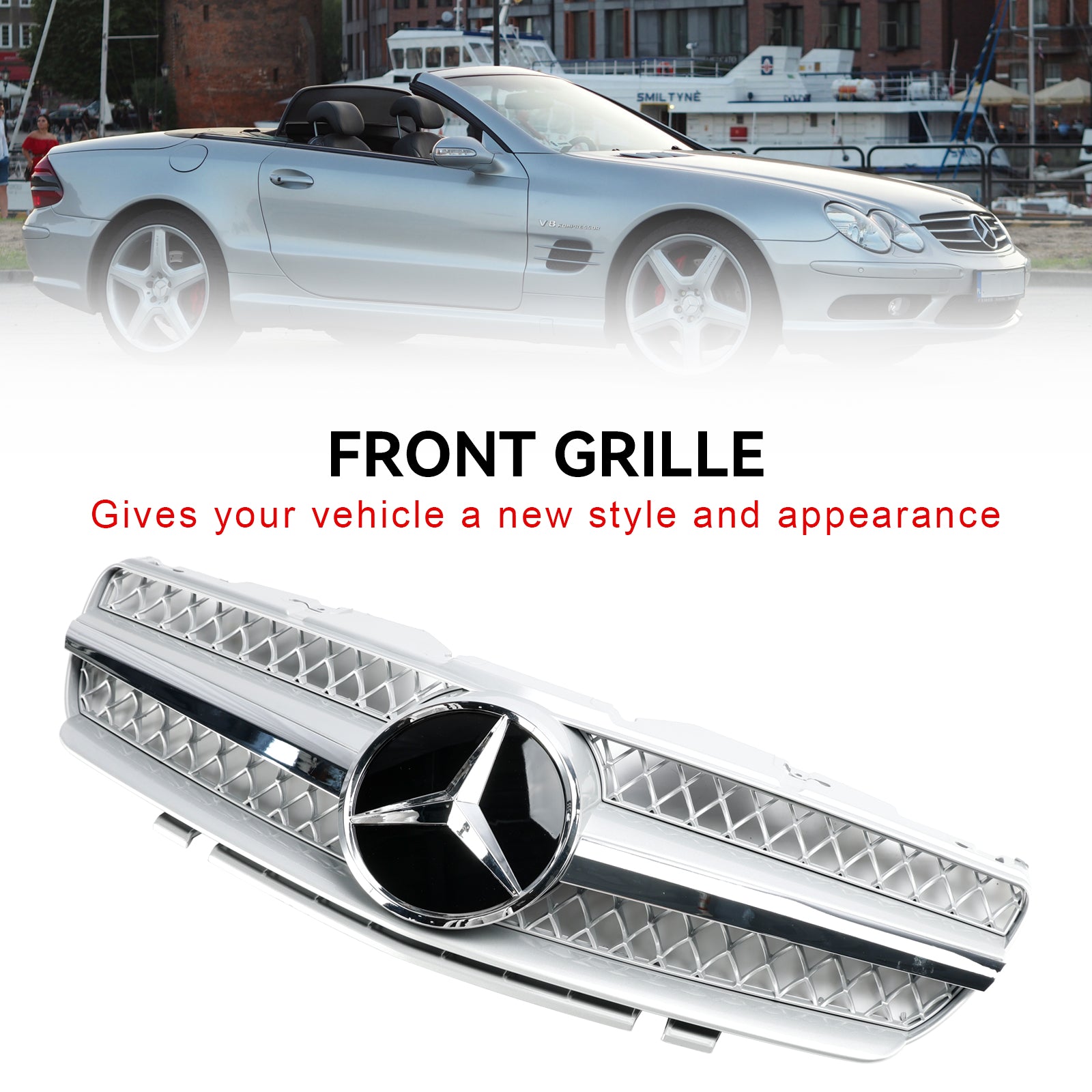 Mercedes Benz SL-Class R230 SL350/500/600/SL55/SL65 2002-2006 Front Bumper Upper Grill Silver Chrome Grille