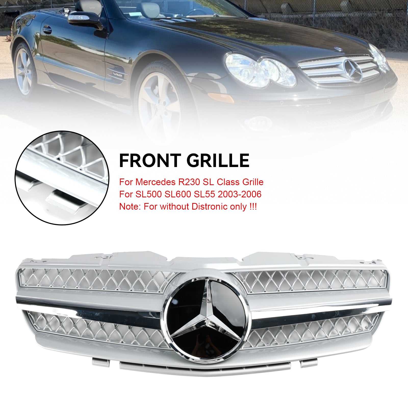 Grille supérieure de pare-chocs avant pour Mercedes Benz Classe SL R230 SL350/500/600/SL55/65 2002-2006 Grille chromée argentée