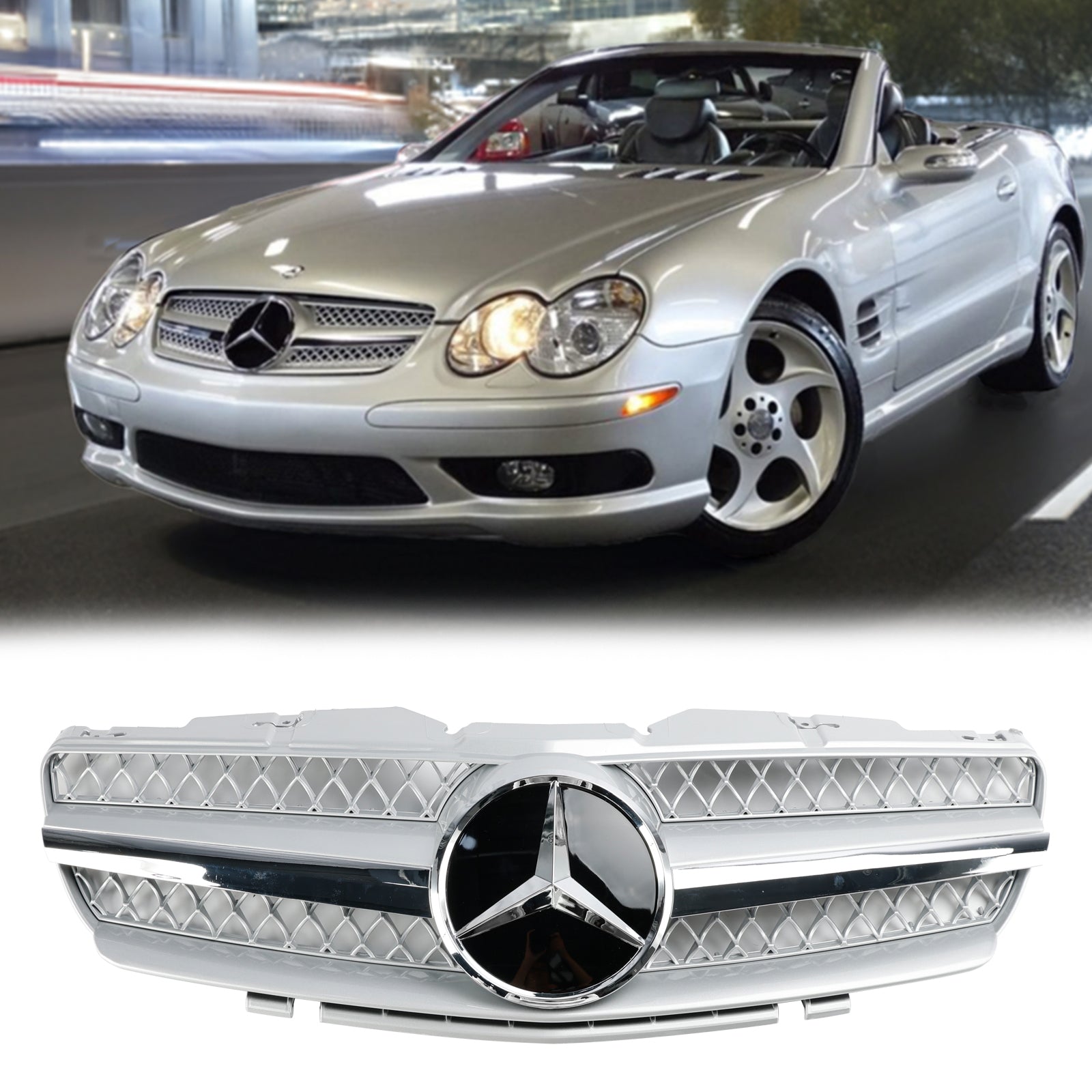 Grille supérieure de pare-chocs avant Mercedes Benz Classe SL R230 SL350/500/600/SL55/65 AMG 2002-2006 Grille chromée argentée