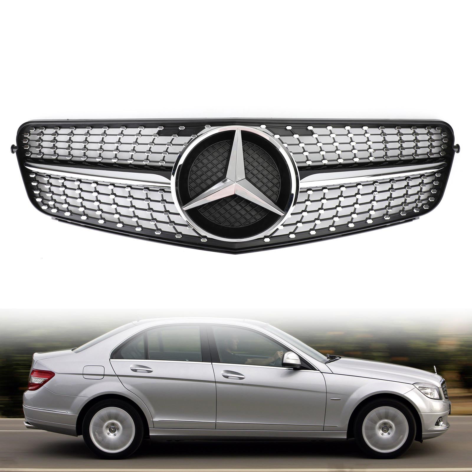 Grille de calandre avant chromée noire diamantée Mercedes Benz Classe C W204 C200 C230 C250 C300 C350 2008-2014