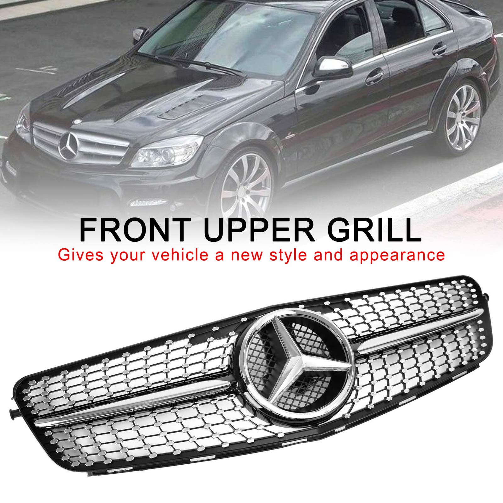 2008-2014 Mercedes Benz C-Class W204 C200 C230 C250 C300 C350 Diamond Black Chrome Front Grille Grill