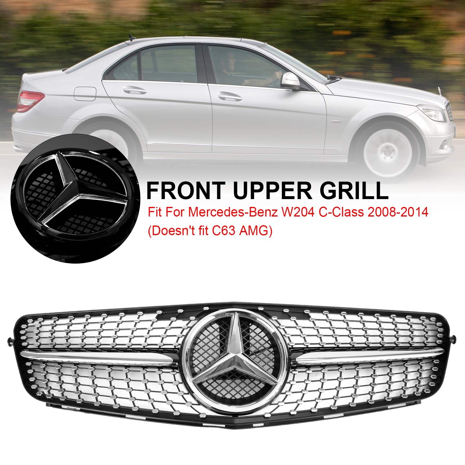 Mercedes Benz 2008-2014 W204 C-Class C300 C350 Diamond Front Bumper Grill LED Emblem Grille