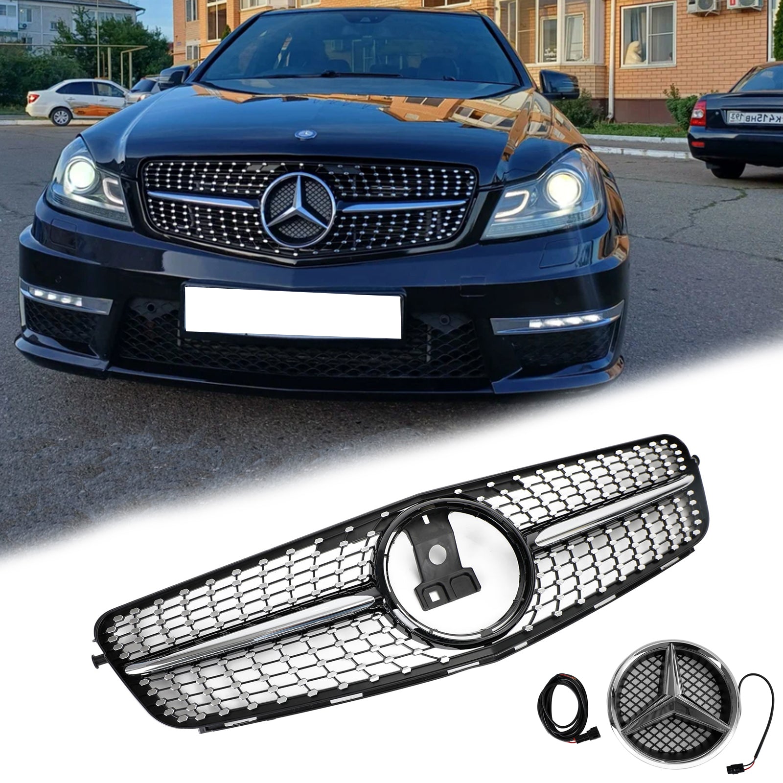 Mercedes Benz C-Class W204 Diamond Front Grill 2008-2014 Replacement Chrome Grille With LED Star Emblem