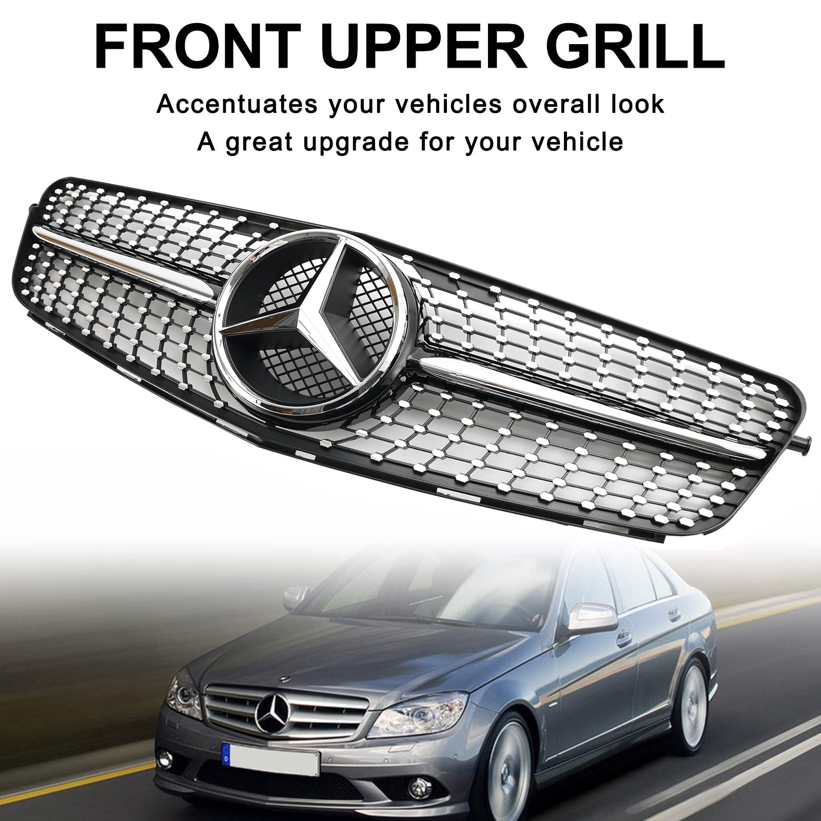 Mercedes Benz C-Class W204 Diamond Chrome Front Grille 2008-2014 Replacement Bumper Grill