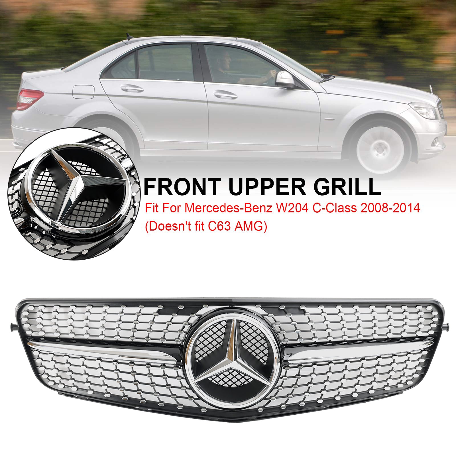 Grille de calandre avant chromée noire diamantée Mercedes Benz Classe C W204 C200 C230 C250 C300 C350 2008-2014