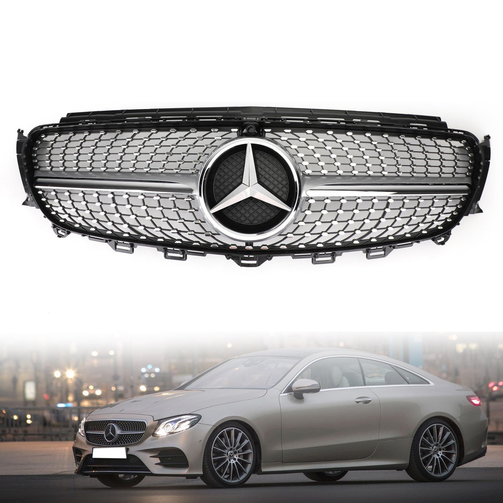 2016-2019 Mercedes Benz E-Class W213 E200 E250 E300 E400 E43 Sedan Sports Grill Diamond Silver Front Grille