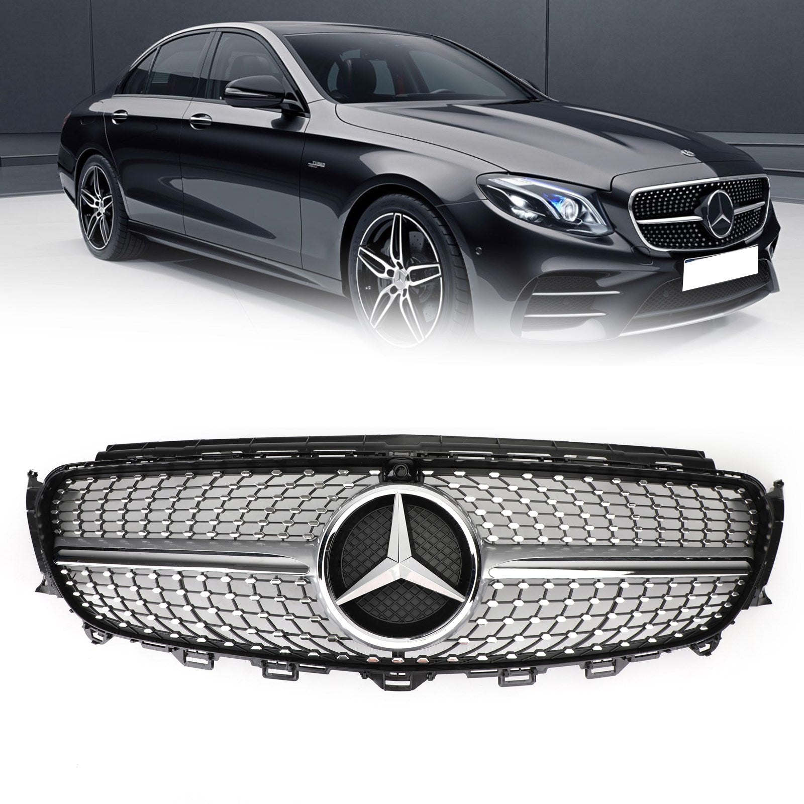 Parrilla delantera con borde plateado en forma de diamante del Mercedes Benz Clase E E400 AMG E43 Sedán 2017-2018