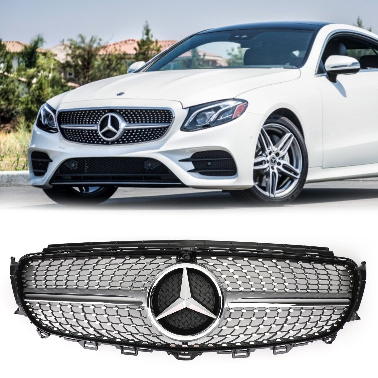 2016-2019 Mercedes Benz E-Class W213 E200 E250 E300 E400 E43 Sedan Sports Grill Diamond Silver Front Grille