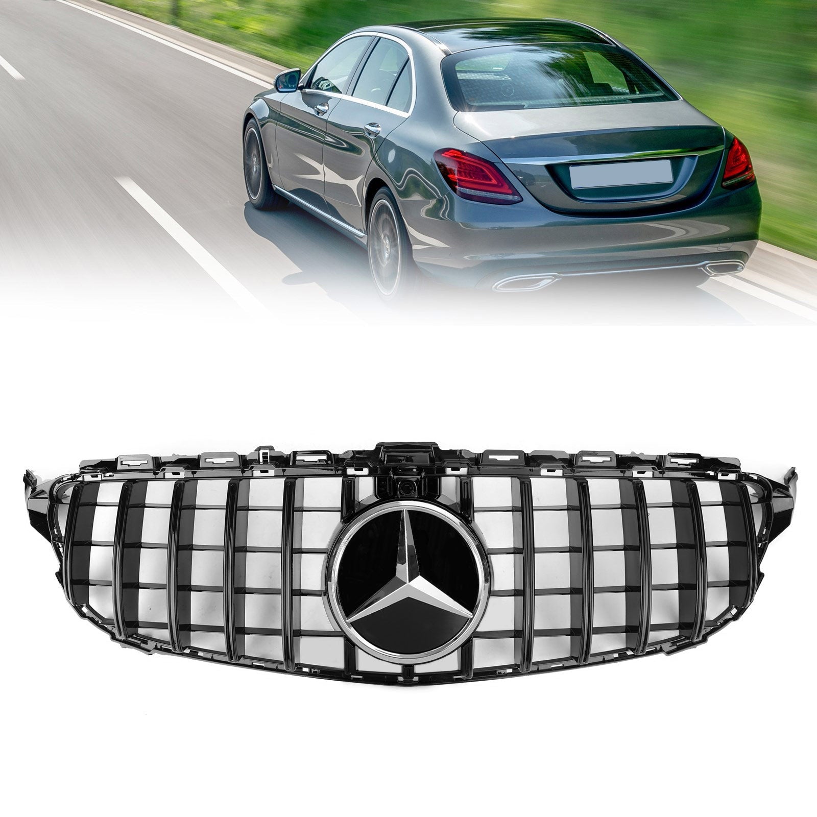 Parrilla negra con cámara y estilo GTR para Mercedes Benz Clase C W205 C205 A205 C200/250/300/200d/C43 2019-2021