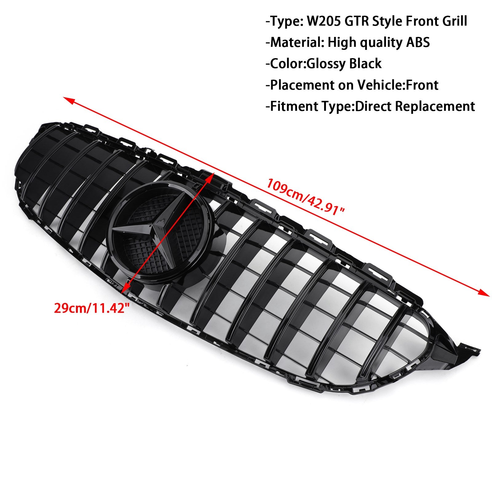 Grille de pare-chocs avant de remplacement de style GTR pour Mercedes Benz Classe C W205 C205 A205 C200/250/300/350/C43 2015-2018 Grille noire