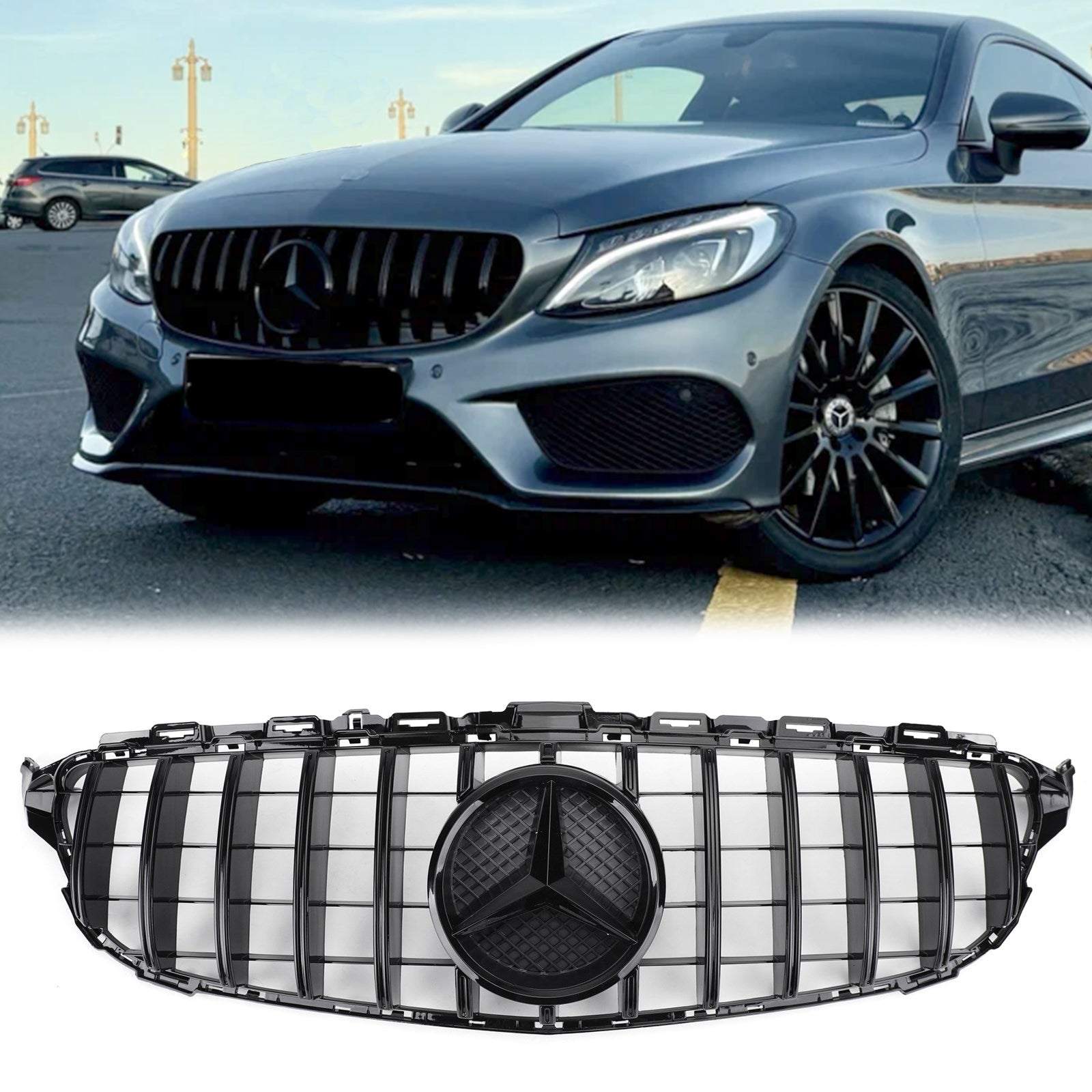 2015-2018 Mercedes Benz C-Class W205 C205 A205 C200/250/300/350/C43 GTR Style Front Bumper Grill Replacement Black Grille