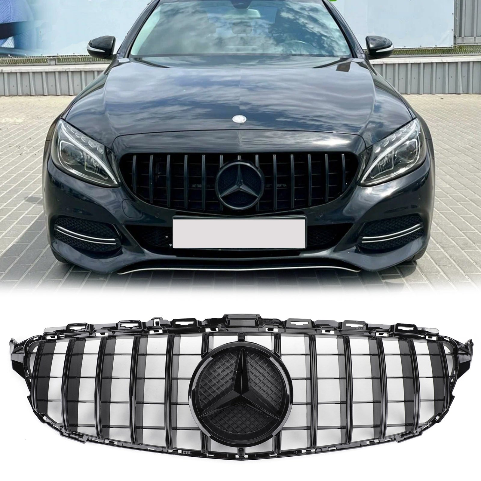 Grille de pare-chocs avant de remplacement de style GTR pour Mercedes Benz Classe C W205 C205 A205 C200/250/300/350/C43 2015-2018 Grille noire