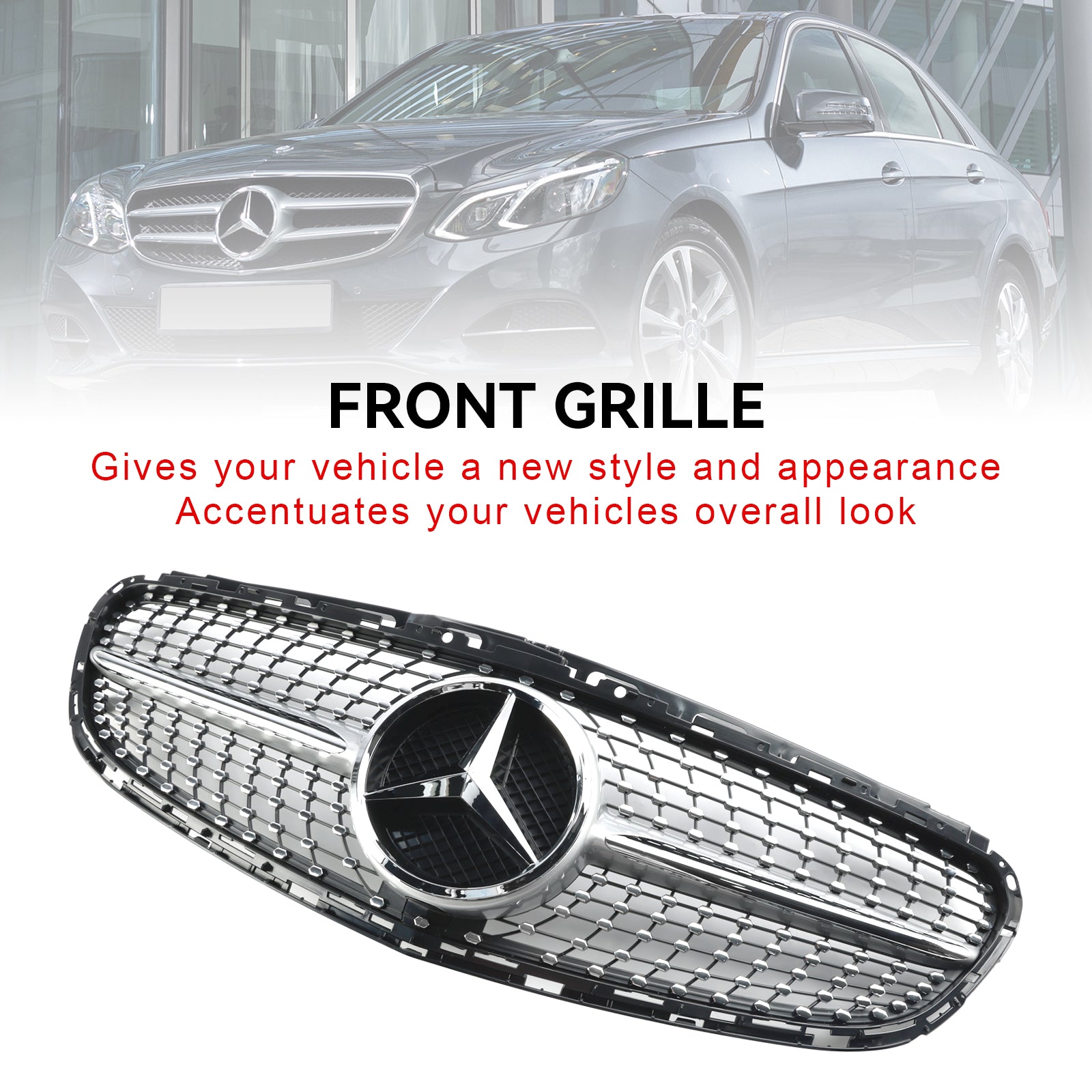 Mercedes Benz E-Class W212 2013 2014 2015 2016 Diamond Style Grill Front Bumper Replacement Chrome Grille W/ Emblem