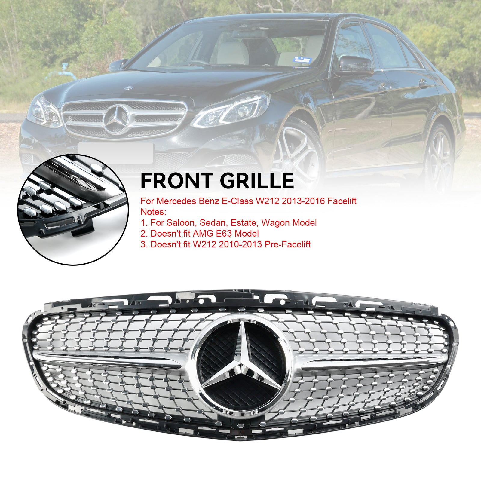 Mercedes Benz E-Class W212 2013 2014 2015 2016 Diamond Style Grill Front Bumper Replacement Chrome Grille W/ Emblem