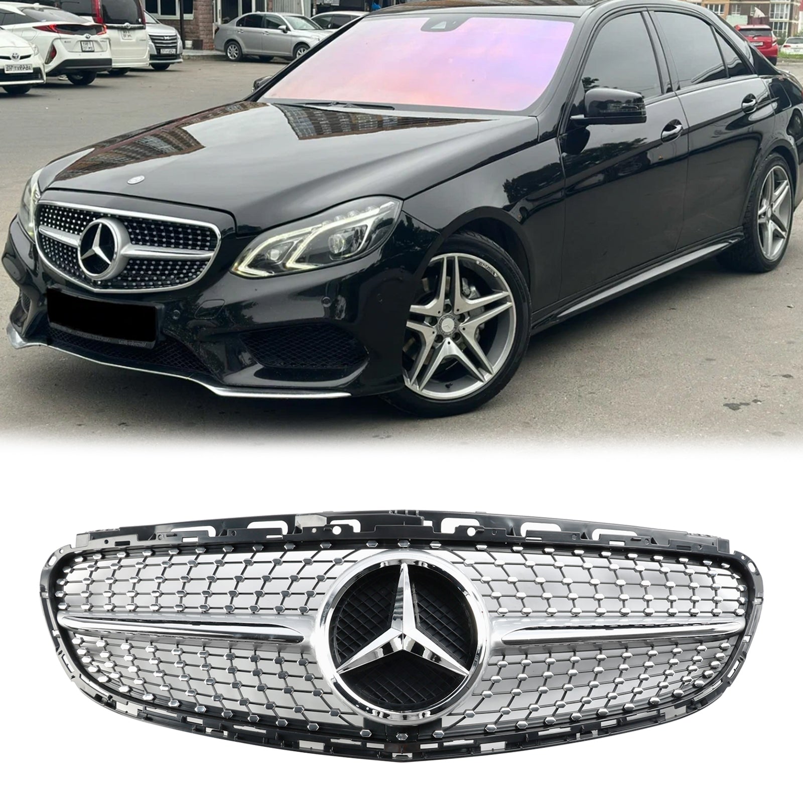 Mercedes Benz E-Class W212 2013 2014 2015 2016 Diamond Style Grill Front Bumper Replacement Chrome Grille W/ Emblem