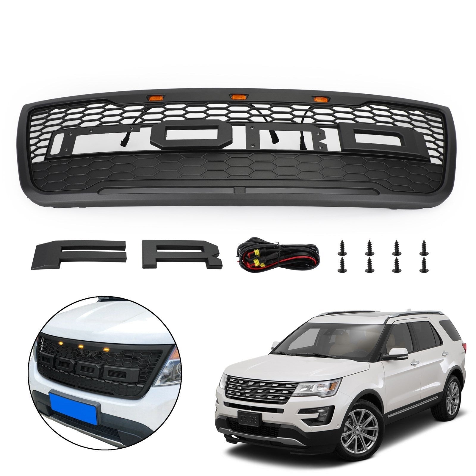 2012-2015 Ford Explorer Base/XLT/Limited/Sport Front Bumper Grill Replacement Grey Grille W/Lights