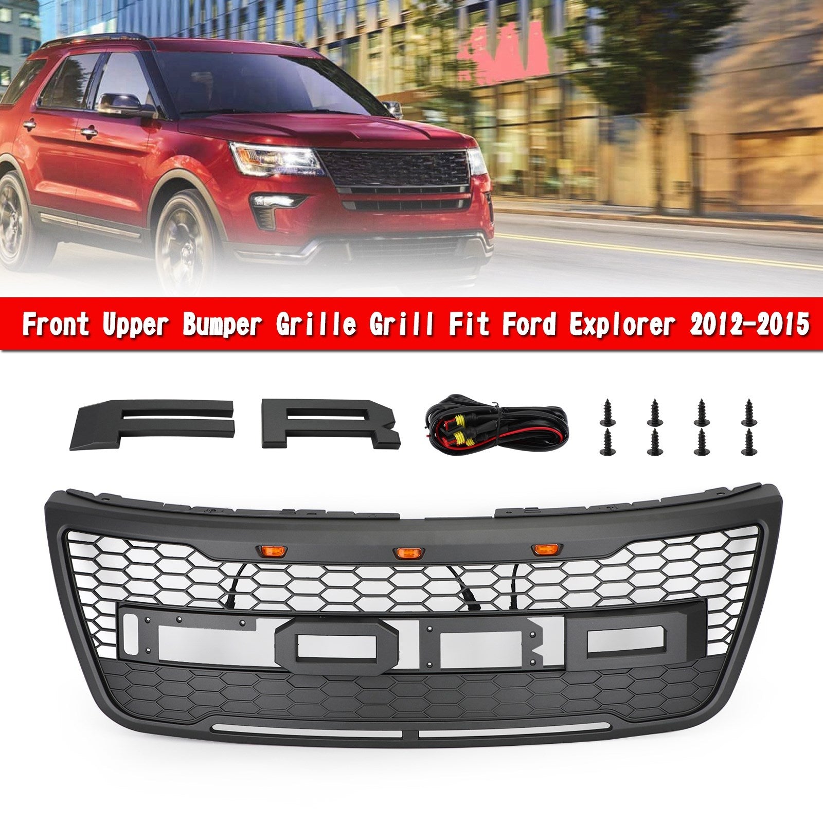 Grille de pare-chocs avant de remplacement pour Ford Explorer Base/XLT/Limited/Sport 2012-2015 Grille grise avec feux