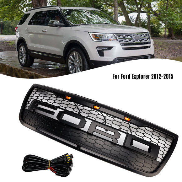 2012-2015 Ford Explorer Front Bumper Grill Replacement Black Grille W/LED Light