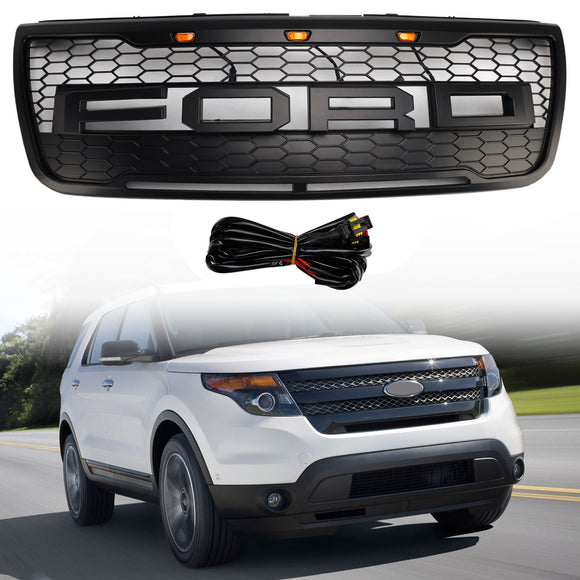2012-2015 Ford Explorer Front Bumper Grill Replacement Black Grille W/LED Light