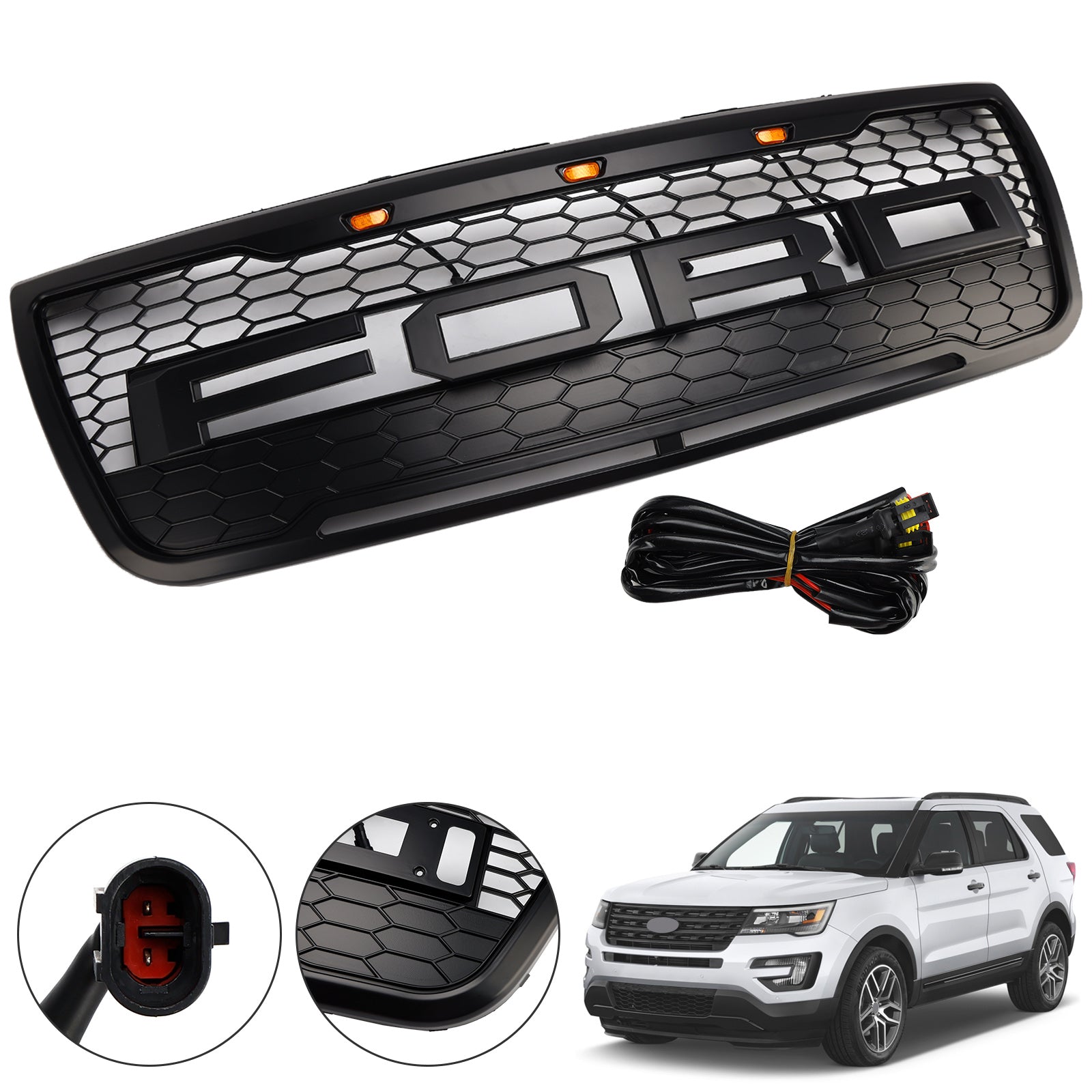 2012-2015 Ford Explorer Front Bumper Grill Replacement Black Grille W/LED Light