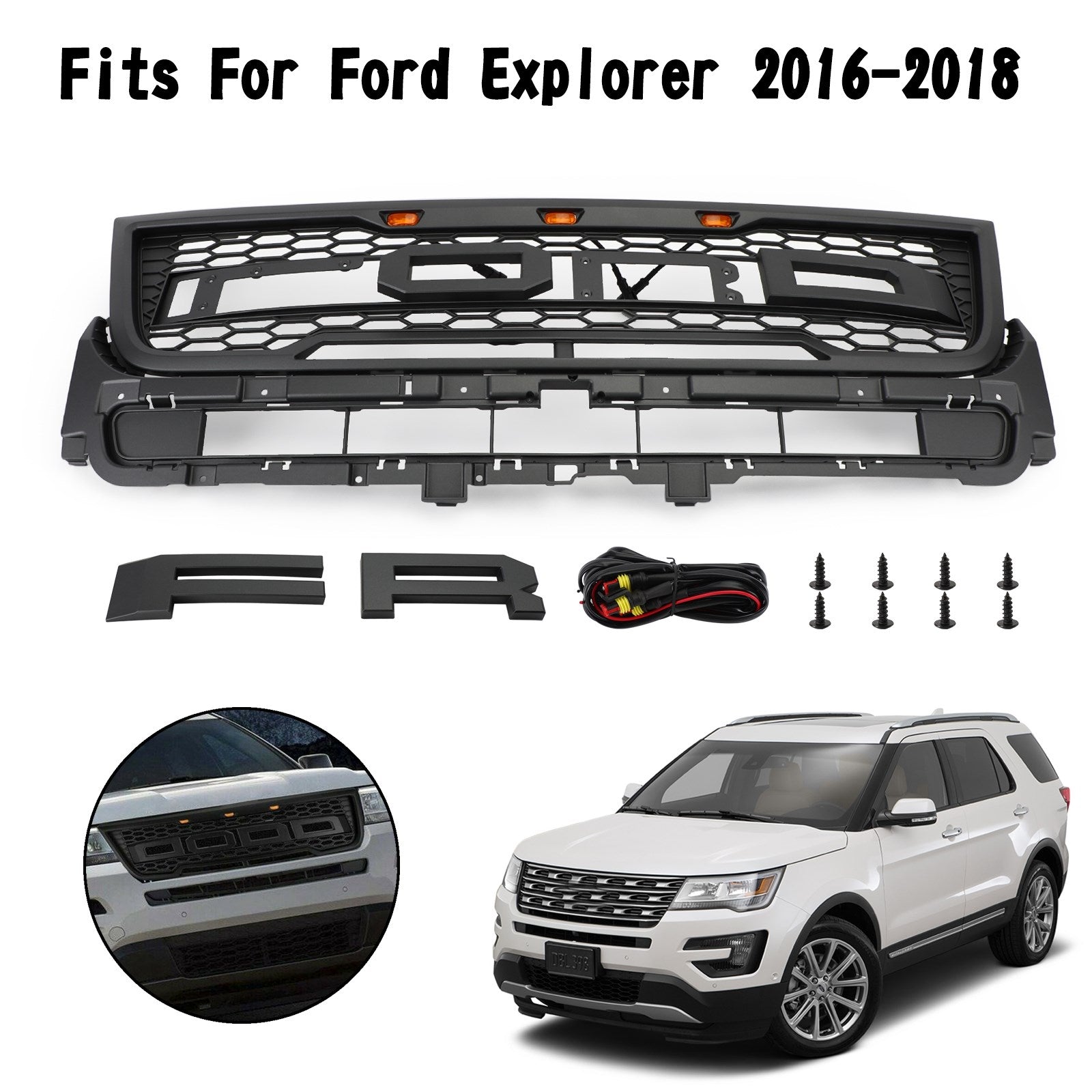 Grille de pare-chocs supérieure avant de remplacement pour Ford Explorer Base/XLT/Limited/Platinum/Sport 2016-2017, calandre grise avec lumières