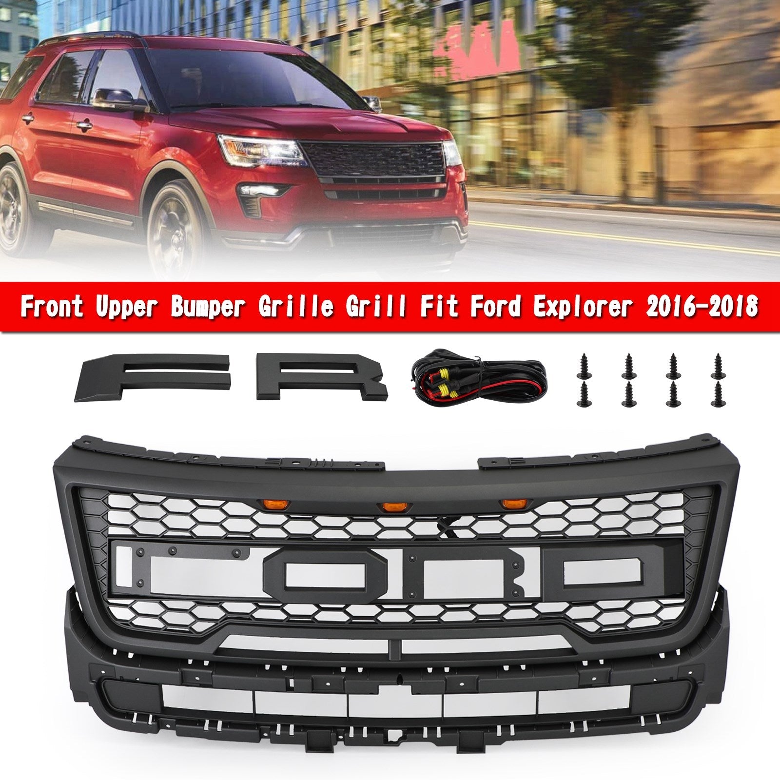 2016-2017 Ford Explorer Base/XLT/Limited/Platinum/Sport Front Upper Bumper Grill Replacement Grey Grille With Lights