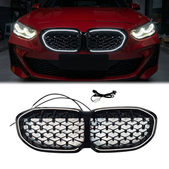 BMW Serie 1 F40 2019-2024 Parrilla LED de riñón frontal de diamante negro Parrilla de repuesto para parachoques superior