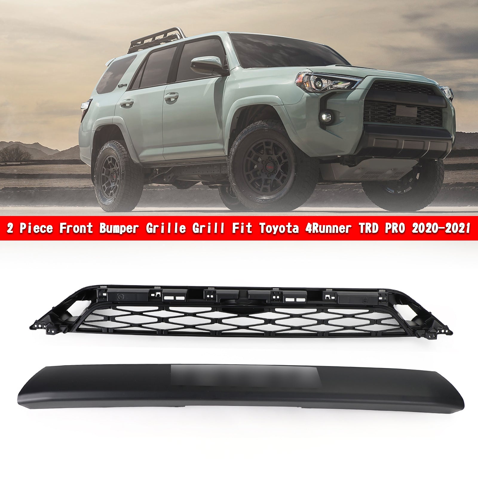 Toyota 4Runner 2020-2024 2 Piece Front Bumper Grille TRD PRO Style Black Grill Kit W/ LED