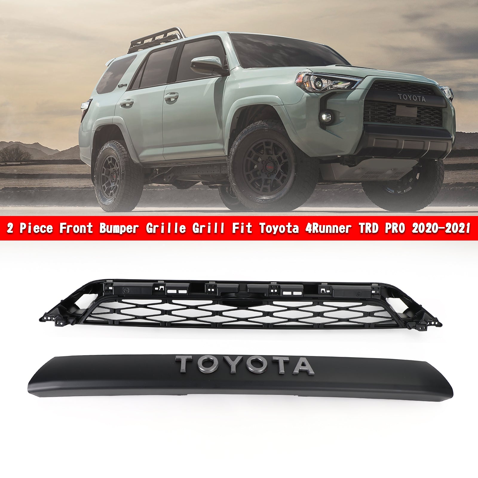 Rejilla de parachoques delantera de 2 piezas TRD PRO 2020-2024 para Toyota 4Runner, color negro