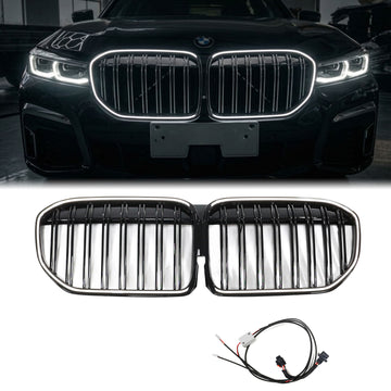 BMW 7 Series G11 G12 LCI 2019-2022 Double Slat Gloss Black Front LED Grill Upper Bumper Replacement Grille