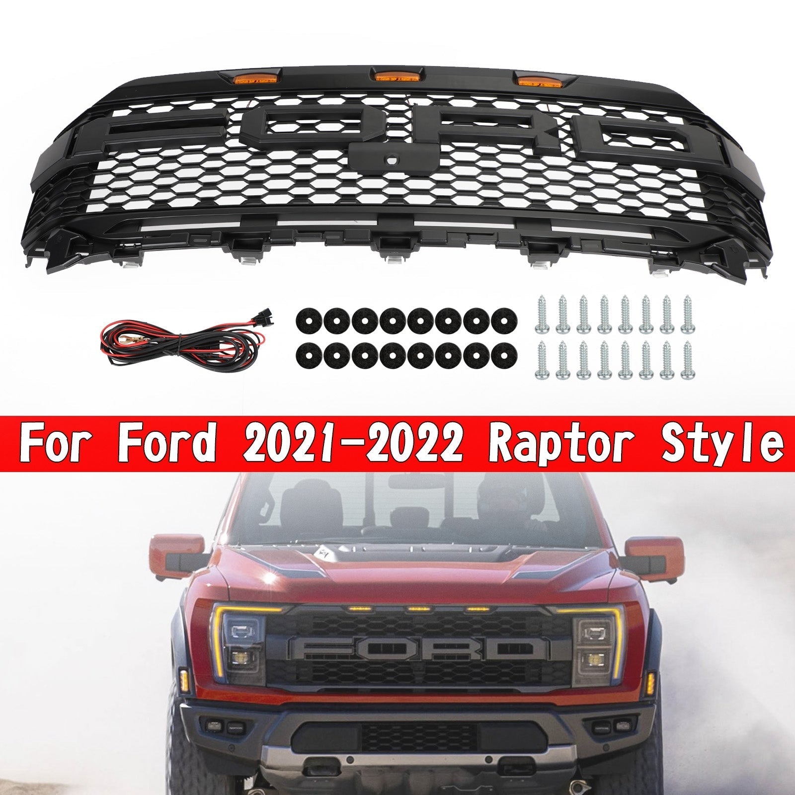 Grille de pare-chocs avant Ford F150 XLT/Lariat/Platinum/King Ranch 2021-2023, style Raptor noir avec LED - 0