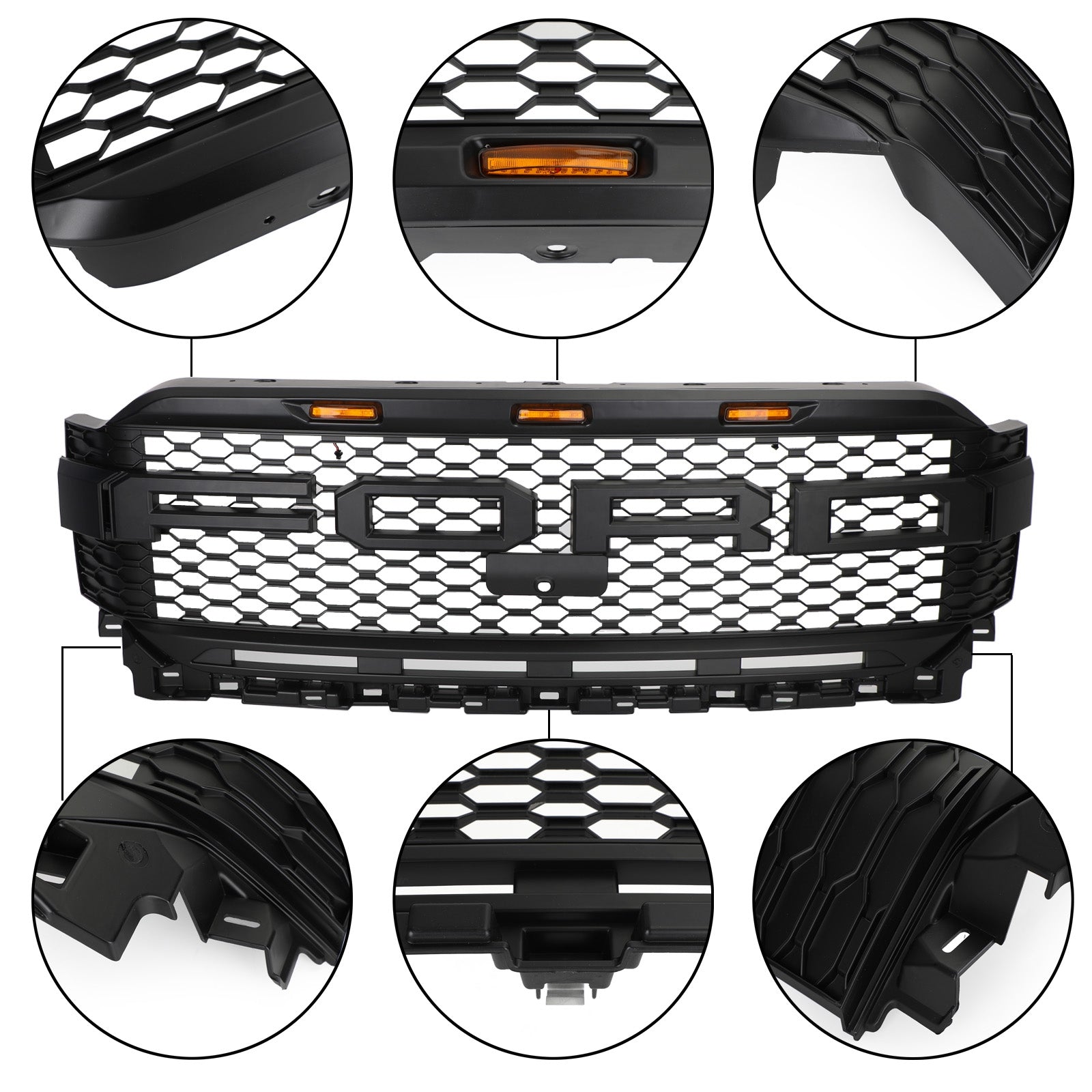 Ford F150 2021 2022 2023 Raptor Style Grill Front Bumper Honeycomb Matte Black Grille With LED Light