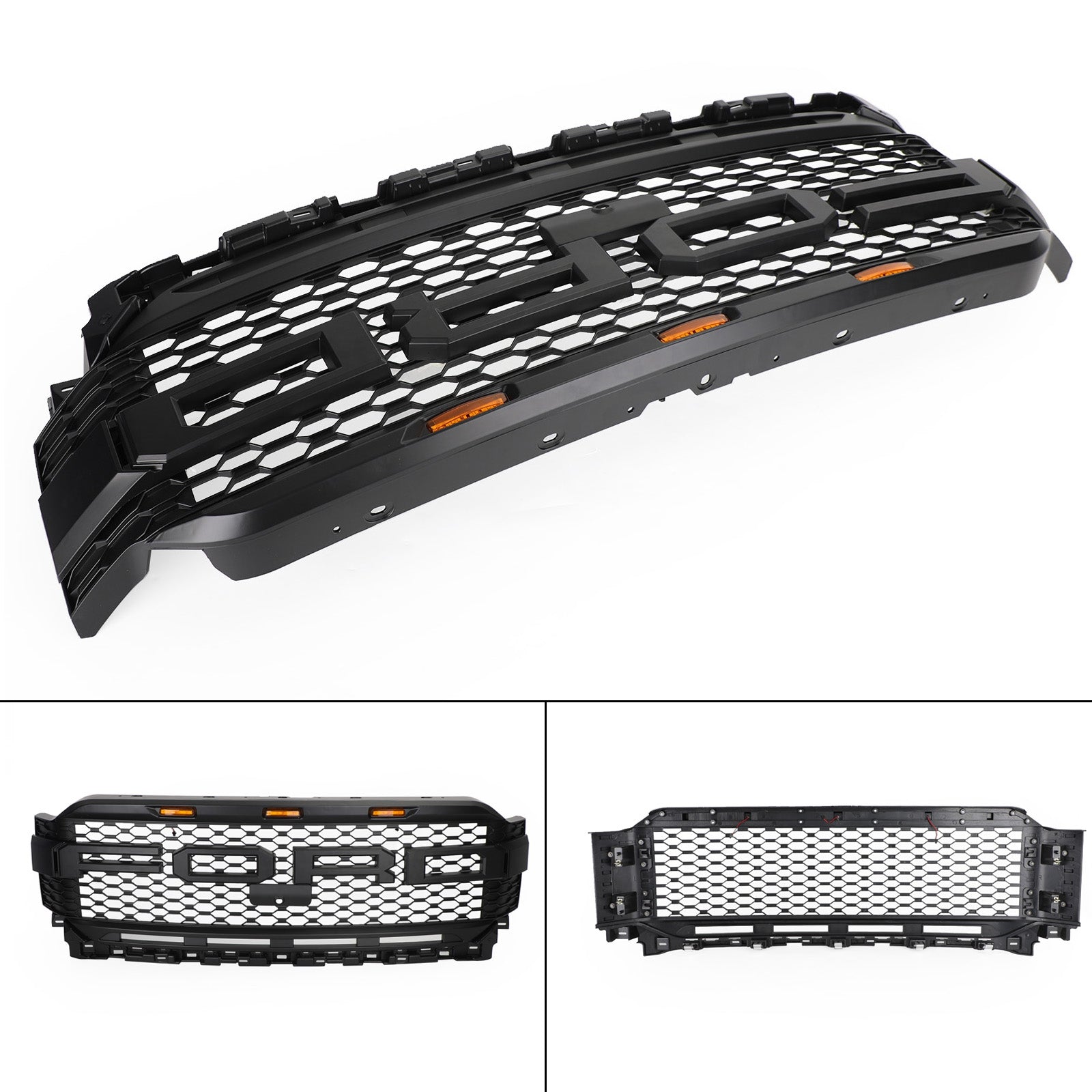 Grille de pare-chocs avant de remplacement de style Ford Raptor 2021-2023 F150 XLT/Lariat/Platinum/King Grille noire avec LED