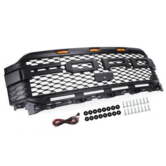 Ford F150 2021 2022 2023 Parrilla estilo Raptor Parachoques delantero Parrilla negra mate en forma de panal con luz LED