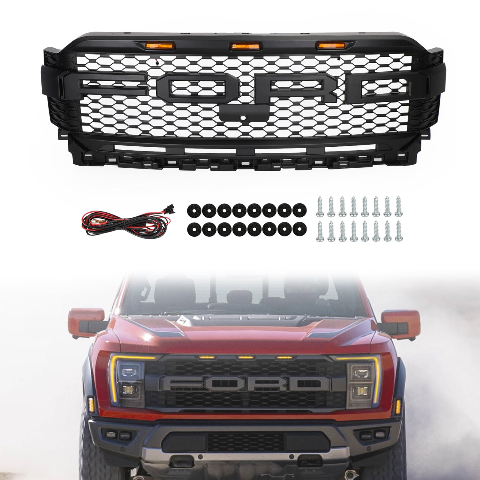 Rejilla delantera estilo Raptor negra con orificio para cámara y luz LED para Ford F150 XLT/Lariat/Platinum/King Ranch 2021-2023