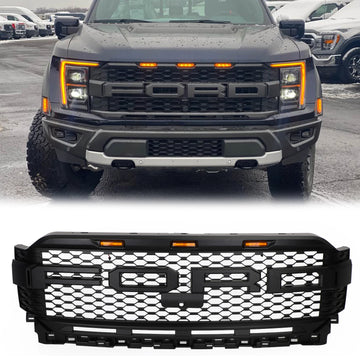 Grade estilo Raptor para Ford F150 2021-2023, para-choque dianteiro, grade preta em formato de colmeia com LEDs. & Orifício da câmera & Carta