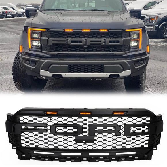 Griglia paraurti anteriore stile Ford F150 Raptor 2021-2023, griglia nera con LED & Foro della fotocamera